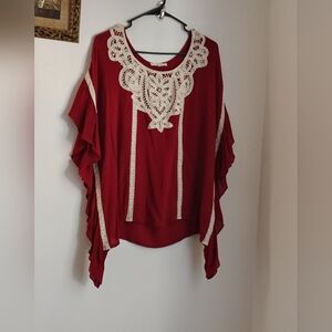 Entro Blouse Women S Burgundy & Cream Lace Accents Bohemian Oversized Versatile